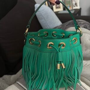 MILLY green Leather Fringe Bucket Crossbody Bag
